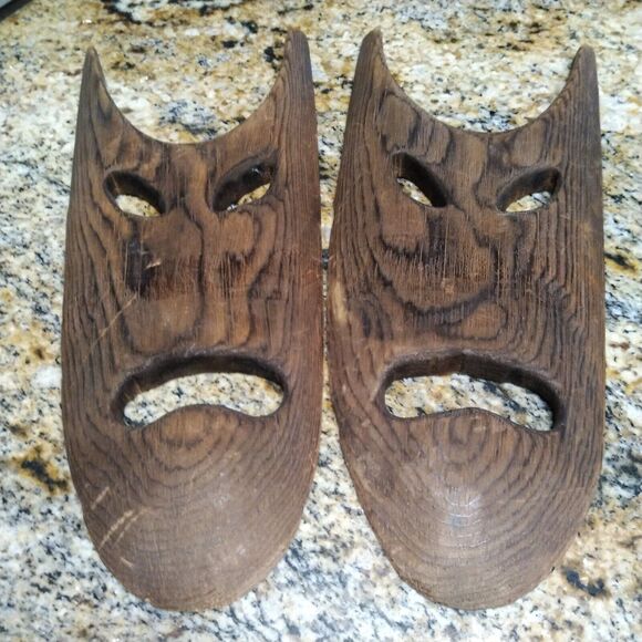 Vtg Lot of 2 South African Tribal Art Hand Carved Wood Face Mask Wall Decor 11x5 - Picture 1 of 5